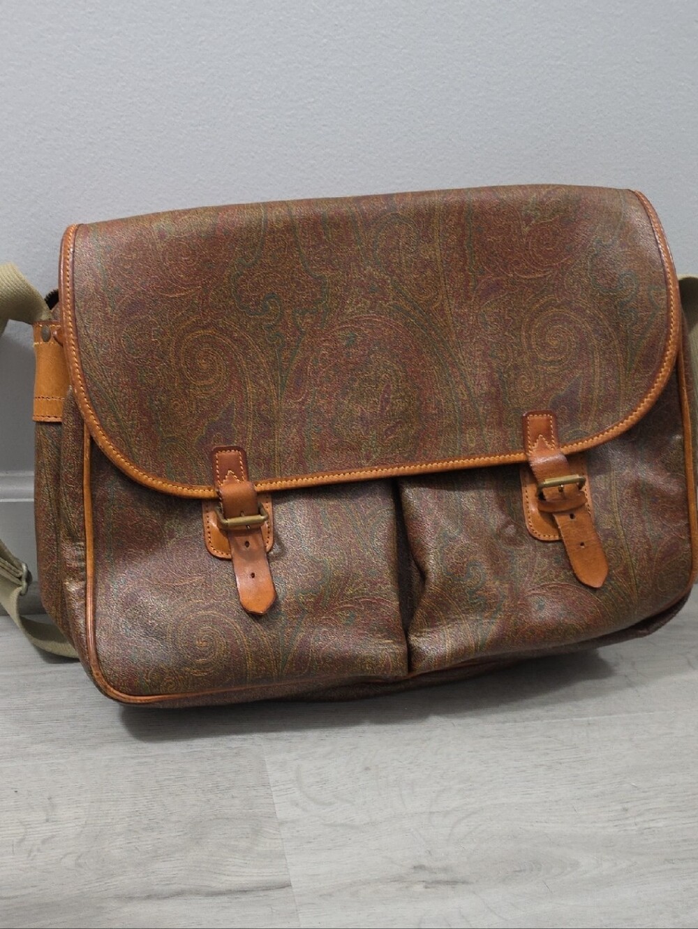 Etro Milano Classic Brown Paisley Canvas Messenger Bag with Leather Trim
